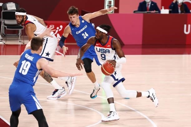 Jerami Grant of the USA Men's National Team dribbles the ball during the game against the Czech Republic Men's National Team during the 2020 Tokyo...