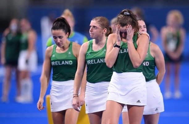 Tokyo , Japan - 31 July 2021; Deirdre Duke, right, and Katie Mullan of Ireland after their side's defeat to Great Britain in their women's pool A...