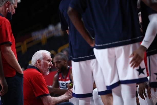 S team coach Gregg Popovich speaks to his players in the men's preliminary round group A basketball match between USA and Czech Republic during the...