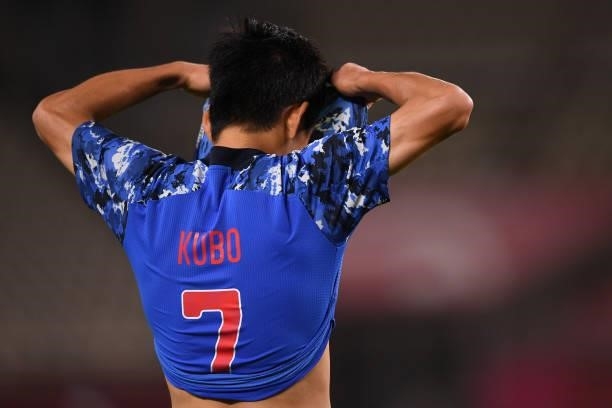 Takefusa Kubo misses the scoring chance during the Men's Quarter Final match on day eight of the Tokyo 2020 Olympic Games at Kashima Stadium on July...