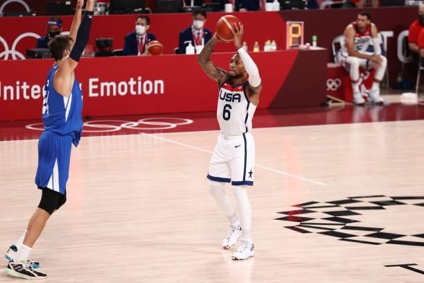 Damian Lillard of the USA Men's National Team handles the ball during the game against the Czech Republic Men's National Team during the 2020 Tokyo...