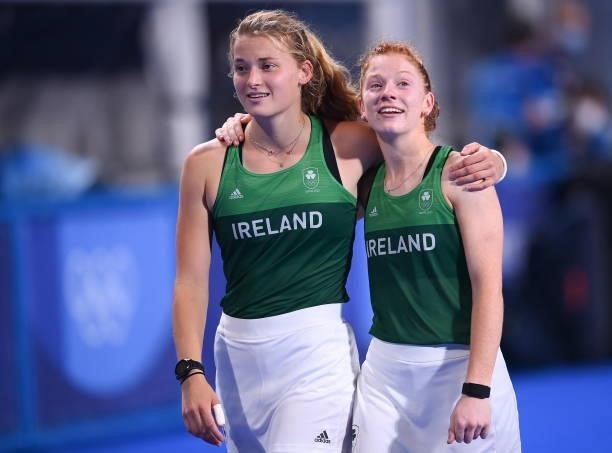 Tokyo , Japan - 31 July 2021; Zara Malseed, left, and Sarah McAuley of Ireland after their side's defeat in their women's pool A group stage match at...