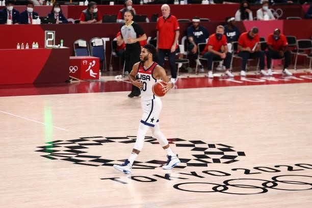 Jayson Tatum of the USA Men's National Team dribbles the ball during the game against the Czech Republic Men's National Team during the 2020 Tokyo...