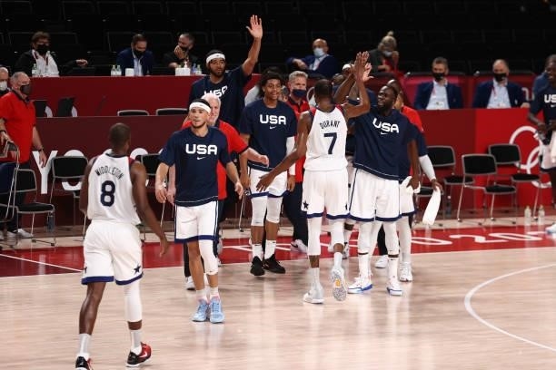 The USA Men's National Team hi-five Kevin Durant and Khris Middleton of the USA Men's National Team during the game against the Czech Republic Men's...