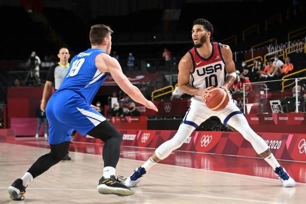 S Jayson Tatum prepares to takes a shot past Czech Republic's Ondrej Sehnal in the men's preliminary round group A basketball match between USA and...