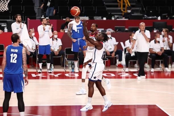 Jrue Holiday of the USA Men's National Team shoots the ball during the game against the Czech Republic Men's National Team during the 2020 Tokyo...