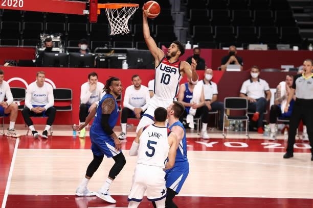 Jayson Tatum of the USA Men's National Team shoots the ball during the game against the Czech Republic Men's National Team during the 2020 Tokyo...