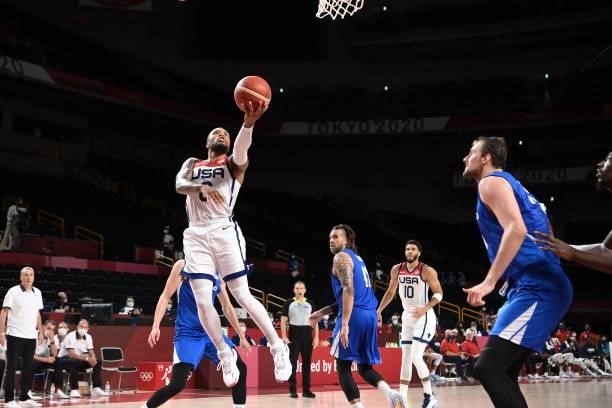 S Damian Lillard goes to the basket pasr Czech Republic's Ondrej Balvin in the men's preliminary round group A basketball match between USA and Czech...