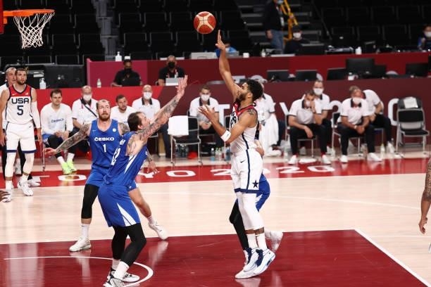 Jayson Tatum of the USA Men's National Team shoots the ball during the game against the Czech Republic Men's National Team during the 2020 Tokyo...