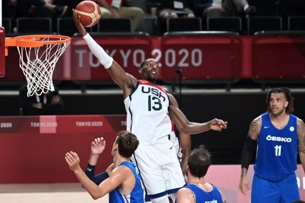 S Edrice Femi Adebayo goes to the basket in the men's preliminary round group A basketball match between USA and Czech Republic during the Tokyo 2020...