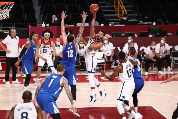 Jayson Tatum of the USA Men's National Team passes the ball during the game against the Czech Republic Men's National Team during the 2020 Tokyo...