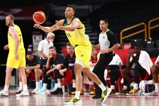 Dante Exum of the Australia Men's National Team passes the ball against Germany Men's National Team during the 2020 Tokyo Olympics on July 31, 2021...