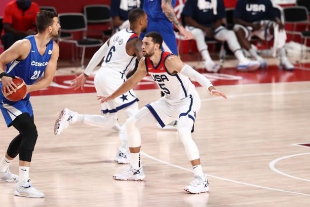 Zach LaVine of the USA Men's National Team plays defense during the game against the Czech Republic Men's National Team during the 2020 Tokyo...