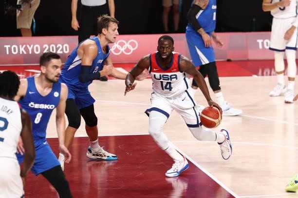 Draymond Green of the USA Men's National Team dribbles the ball during the game against the Czech Republic Men's National Team during the 2020 Tokyo...