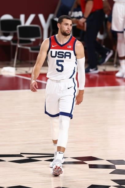 Zach LaVine of the USA Men's National Team looks on during the game against the Czech Republic Men's National Team during the 2020 Tokyo Olympics on...