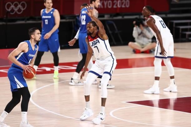 Kevin Durant of the USA Men's National Team plays defense during the game against the Czech Republic Men's National Team during the 2020 Tokyo...