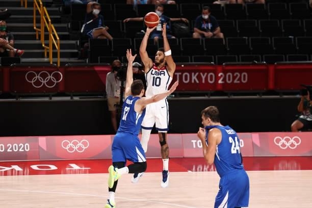 Jayson Tatum of the USA Men's National Team shoots a three point basket during the game against the Czech Republic Men's National Team during the...