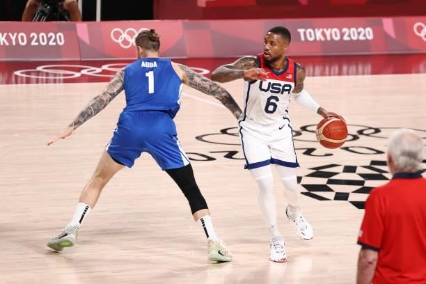 Damian Lillard of the USA Men's National Team dribbles the ball during the game against the Czech Republic Men's National Team during the 2020 Tokyo...