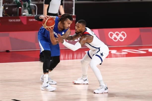 Damian Lillard of the USA Men's National Team plays defense during the game against the Czech Republic Men's National Team during the 2020 Tokyo...