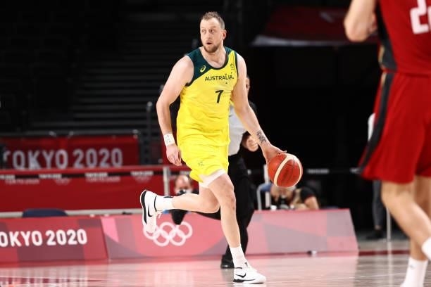 Joe Ingles of the Australia Men's National Team dribbles the ball against Germany Men's National Team during the 2020 Tokyo Olympics on July 31, 2021...