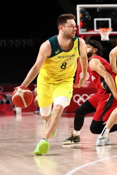 Matthew Dellavedova of the Australia Men's National Team drives to the basket against Germany Men's National Team during the 2020 Tokyo Olympics on...