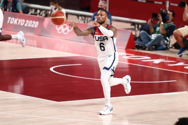 Damian Lillard of the USA Men's National Team passes the ball during the game against the Czech Republic Men's National Team during the 2020 Tokyo...