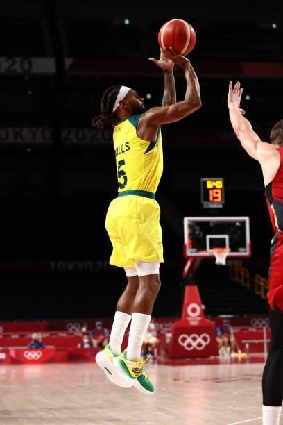 Patty Mills of the Australia Men's National Team shoots the ball against Germany Men's National Team during the 2020 Tokyo Olympics on July 31, 2021...