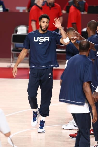 Jayson Tatum of the USA Men's National Team hi-fives his teammates before the game against the Czech Republic Men's National Team during the 2020...