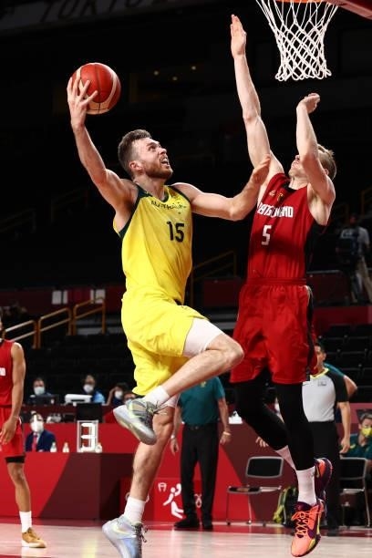 Nic Kay of the Australia Men's National Team drives to the basket against Germany Men's National Team during the 2020 Tokyo Olympics on July 31, 2021...