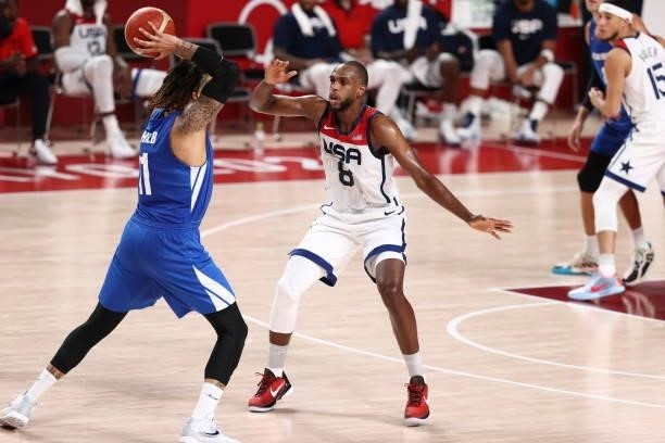 Khris Middleton of the USA Men's National Team plays defense during the game against the Czech Republic Men's National Team during the 2020 Tokyo...