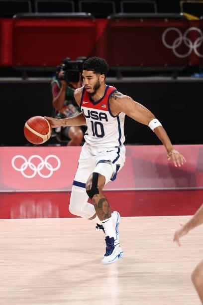 Jayson Tatum of the USA Men's National Team dribbles the ball during the game against the Czech Republic Men's National Team during the 2020 Tokyo...