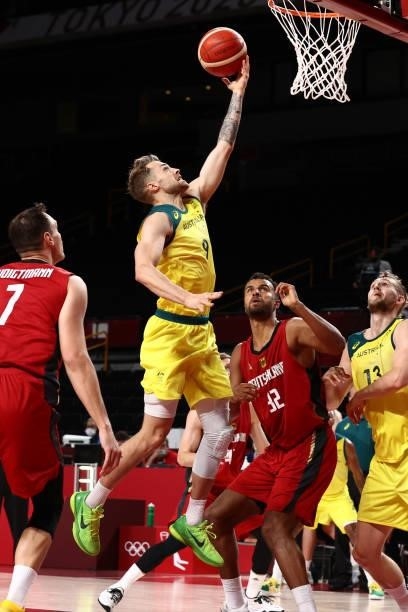 Nathan Sobey of the Australia Men's National Team shoots the ball against Germany Men's National Team during the 2020 Tokyo Olympics on July 31, 2021...
