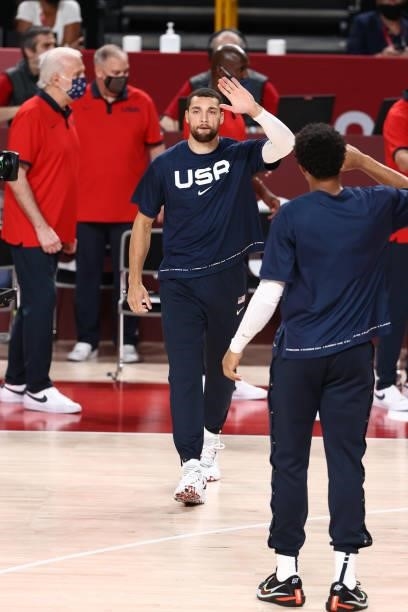 Zach LaVine of the USA Men's National Team hi-fives his teammates before the game against the Czech Republic Men's National Team during the 2020...