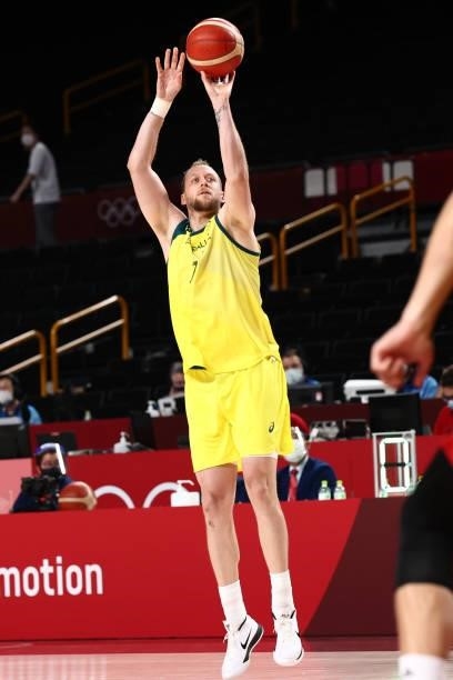 Joe Ingles of the Australia Men's National Team shoots the ball against Germany Men's National Team during the 2020 Tokyo Olympics on July 31, 2021...