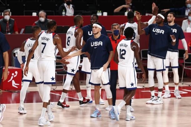 Devin Booker hi-fives Kevin Durant of the USA Men's National Team during the game against the Czech Republic Men's National Team during the 2020...