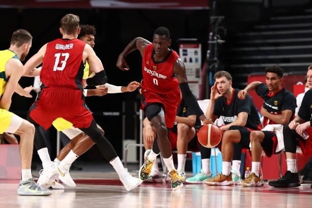 Isaac Bonga of the Germany Men's National Team dribbles the ball against Australia Men's National Team during the 2020 Tokyo Olympics on July 31,...
