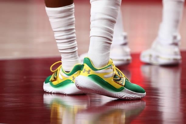 The sneakers worn by Patty Mills of the Australia Men's National Team during the 2020 Tokyo Olympics on July 31, 2021 at the Saitama Super Arena in...