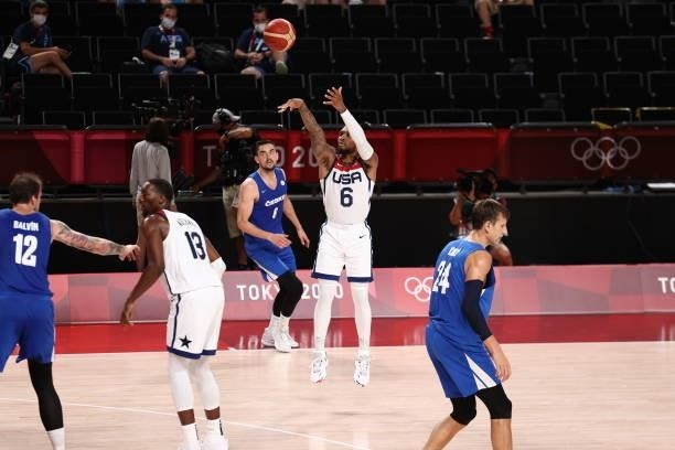 Damian Lillard of the USA Men's National Team shoots a three point basket during the game against the Czech Republic Men's National Team during the...