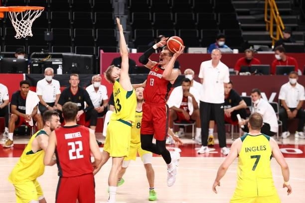 Moritz Wagner of the Germany Men's National Team shoots the ball during the game against the Australia Men's National Team during the 2020 Tokyo...
