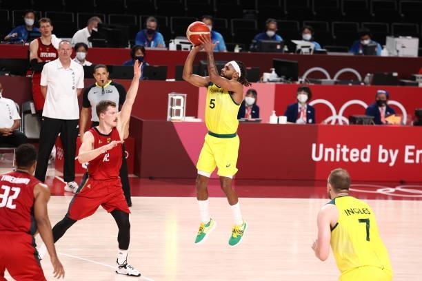 Patty Mills of the Australia Men's National Team shoots the ball during the game against the Germany Men's National Team during the 2020 Tokyo...