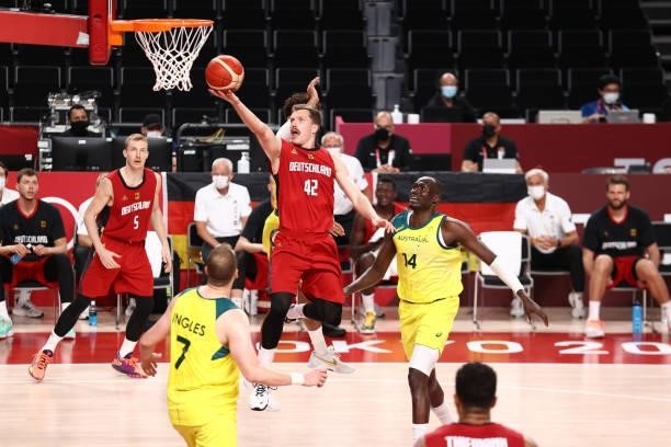 Andres Obst of the Germany Men's National Team drives to the basket during the game against the Australia Men's National Team during the 2020 Tokyo...