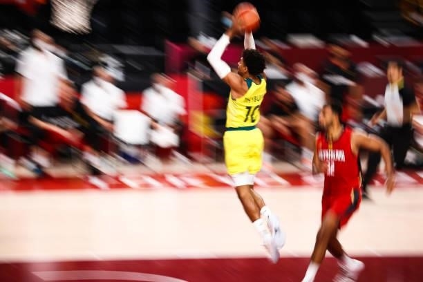Matisse Thybulle of the Australia Men's National Team drives to the basket during the game against the Germany Men's National Team during the 2020...
