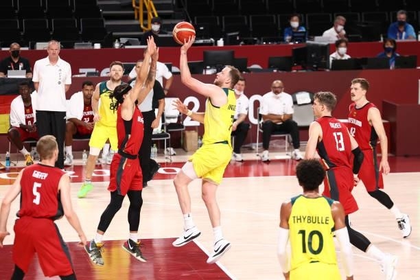 Joe Ingles of the Australia Men's National Team shoots the ball during the game against the Germany Men's National Team during the 2020 Tokyo...