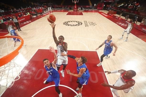 S Jrue Holiday shoots the ball in the men's preliminary round group A basketball match between USA and Czech Republic during the Tokyo 2020 Olympic...