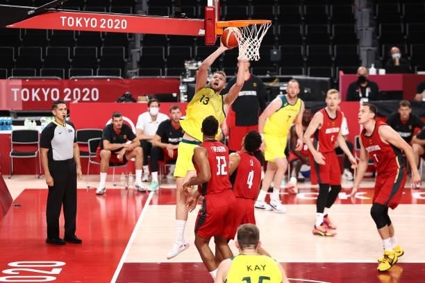 Jock Landale of the Australia Men's National Team shoots the ball during the game against the Germany Men's National Team during the 2020 Tokyo...