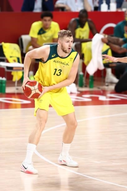 Jock Landale of the Australia Men's National Team handles the ball during the game against the Germany Men's National Team during the 2020 Tokyo...