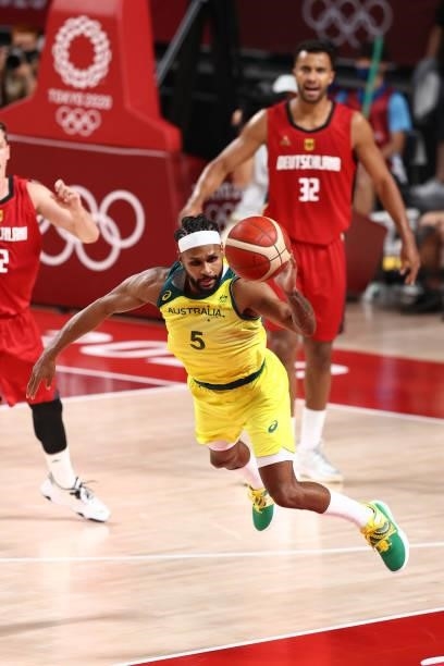 Patty Mills of the Australia Men's National Team handles the ball during the game against the Germany Men's National Team during the 2020 Tokyo...