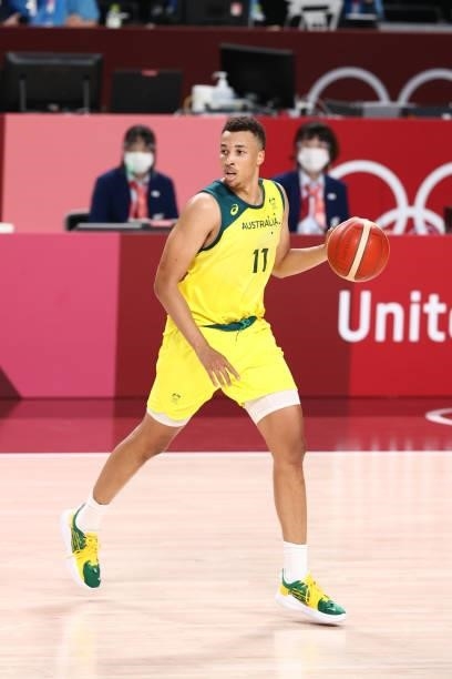 Dante Exum of the Australia Men's National Team dribbles the ball during the game against the Germany Men's National Team during the 2020 Tokyo...