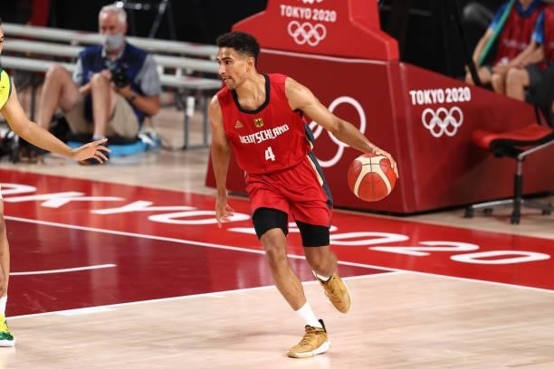 Maodo Lo of the Germany Men's National Team dribbles the ball during the game against the Australia Men's National Team during the 2020 Tokyo...