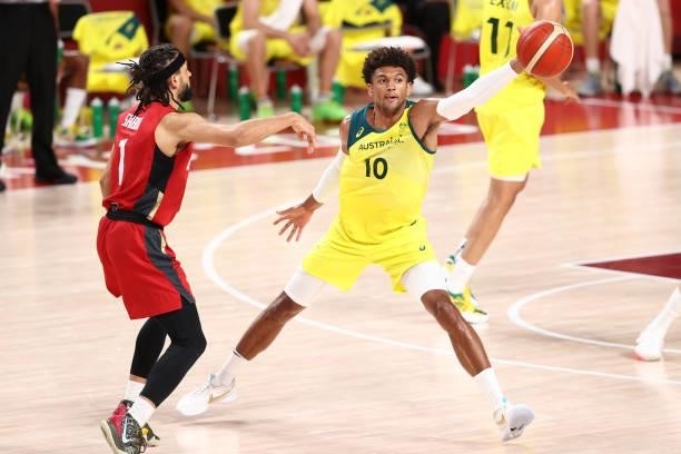 Matisse Thybulle of the Australia Men's National Team steals the ball during the game against the Germany Men's National Team during the 2020 Tokyo...